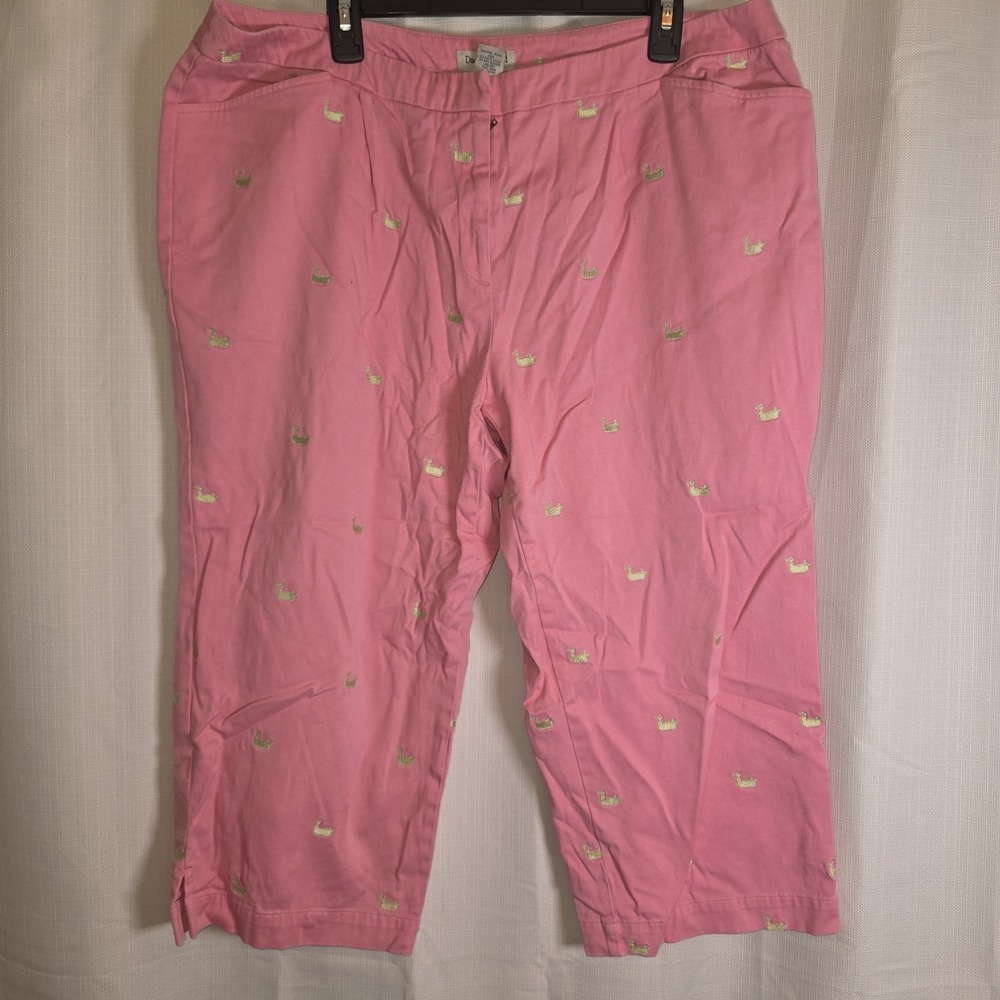 Vtg Ladies Duck Head 20W Capris Pink W/Embroid Ducks Cotton Spandex